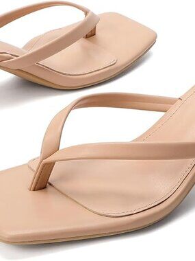 Kitten Flip Flop Thong Low Heels for Women Square Open Toe Slip On Heeled Sandal
